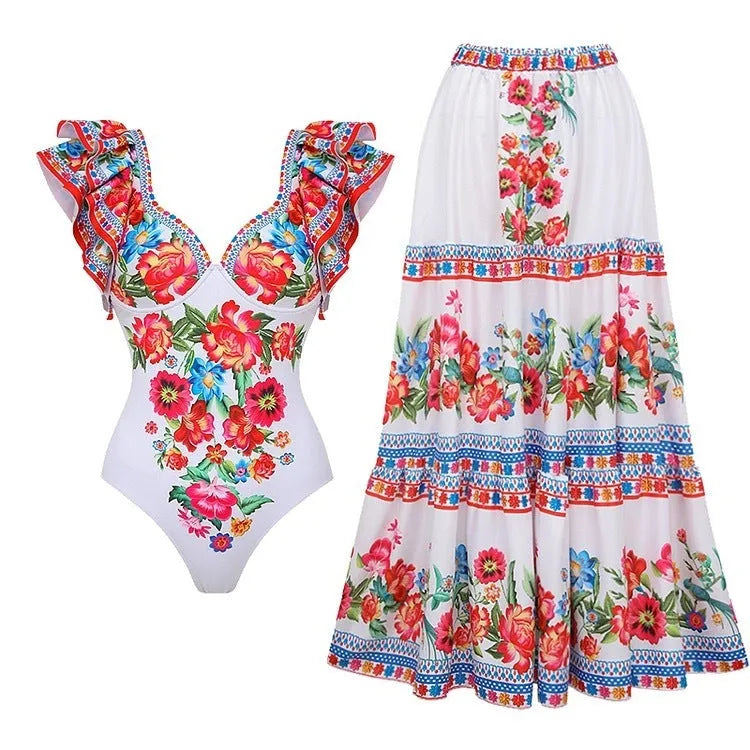 Women's printed one-piece swimsuit on a hanger showing polyester fabric and lining.