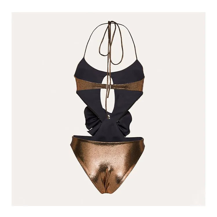 Handmade gold one-piece swimsuit with halter neck and hollow-out design