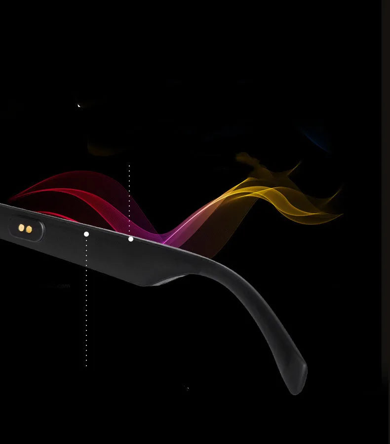 Smart glasses with semi-open Bluetooth audio design showing temple speakers and UV-protective lenses