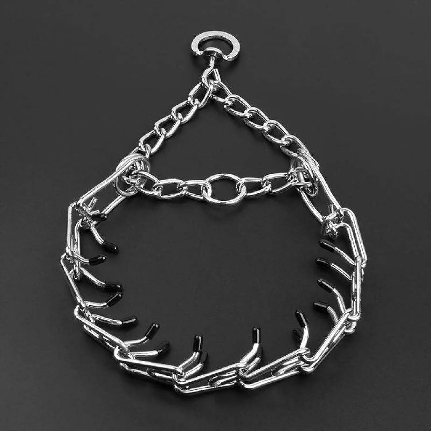 Adjustable stainless steel dog training prong collar with rubber tips in multiple sizes