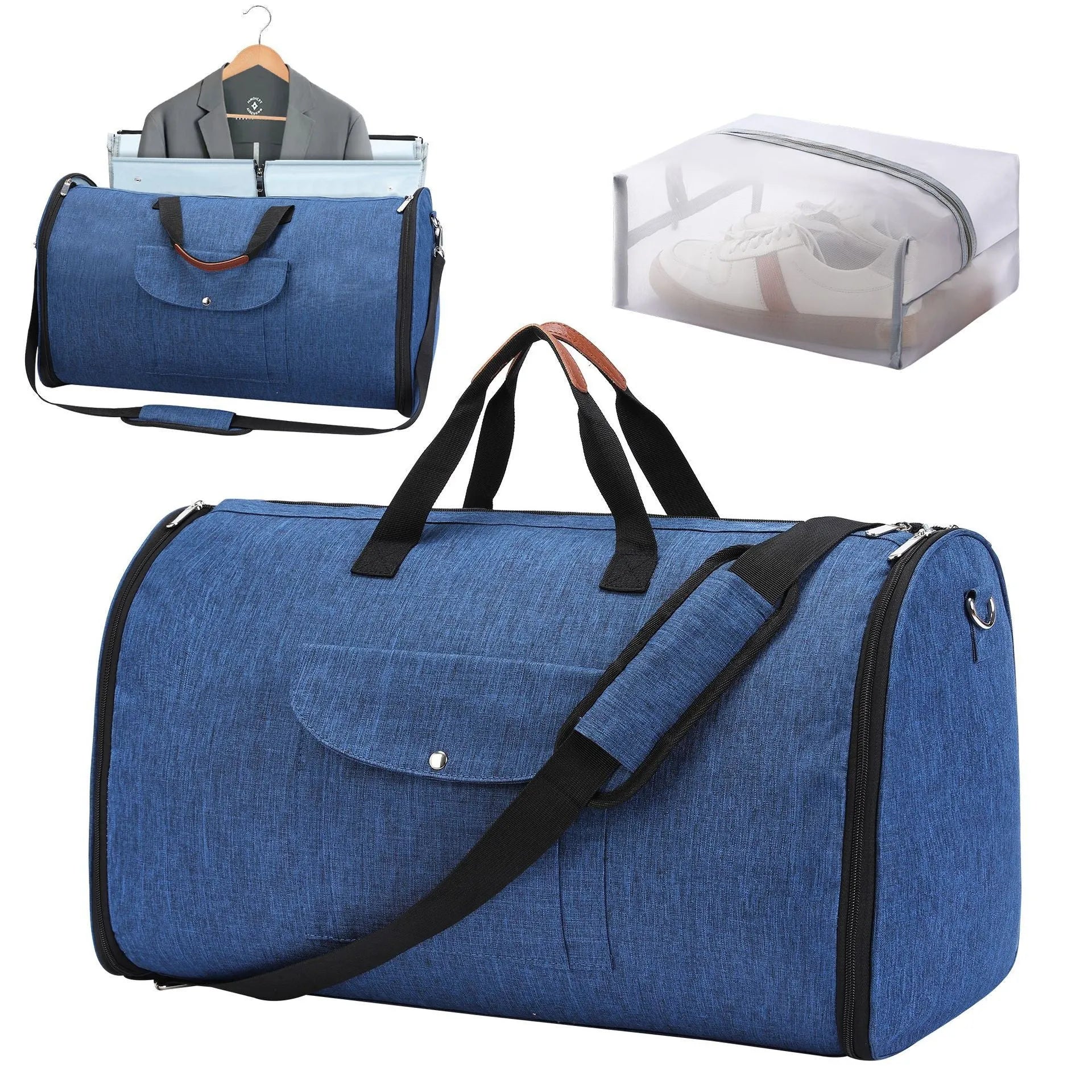 Dark blue foldable Oxford cloth duffel bag with 36-55L capacity for travel and gym use.