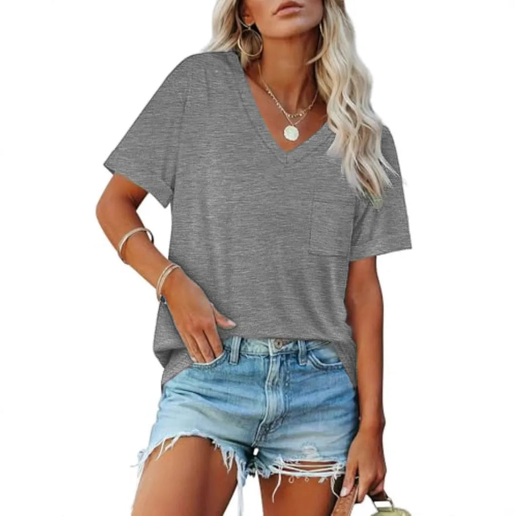 Grey loose V-neck T-shirt with chest pocket, short sleeve casual top