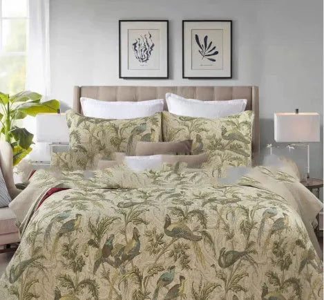 Blue cotton bedspread with American flower and bird quilted pattern, 230x250 cm three-piece set.