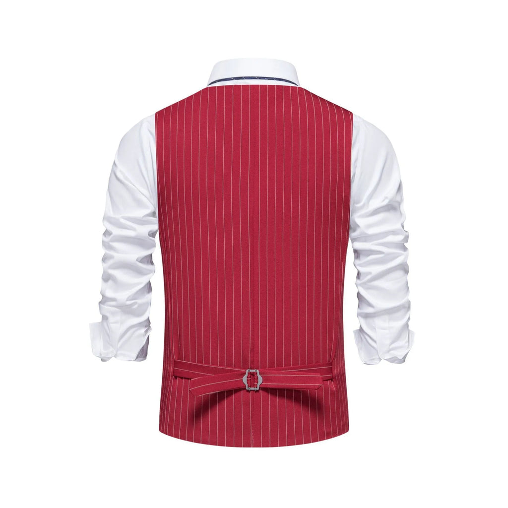 Men's striped suit vest in polyester with non-ironing finish, shown in red, black, and khaki colour options