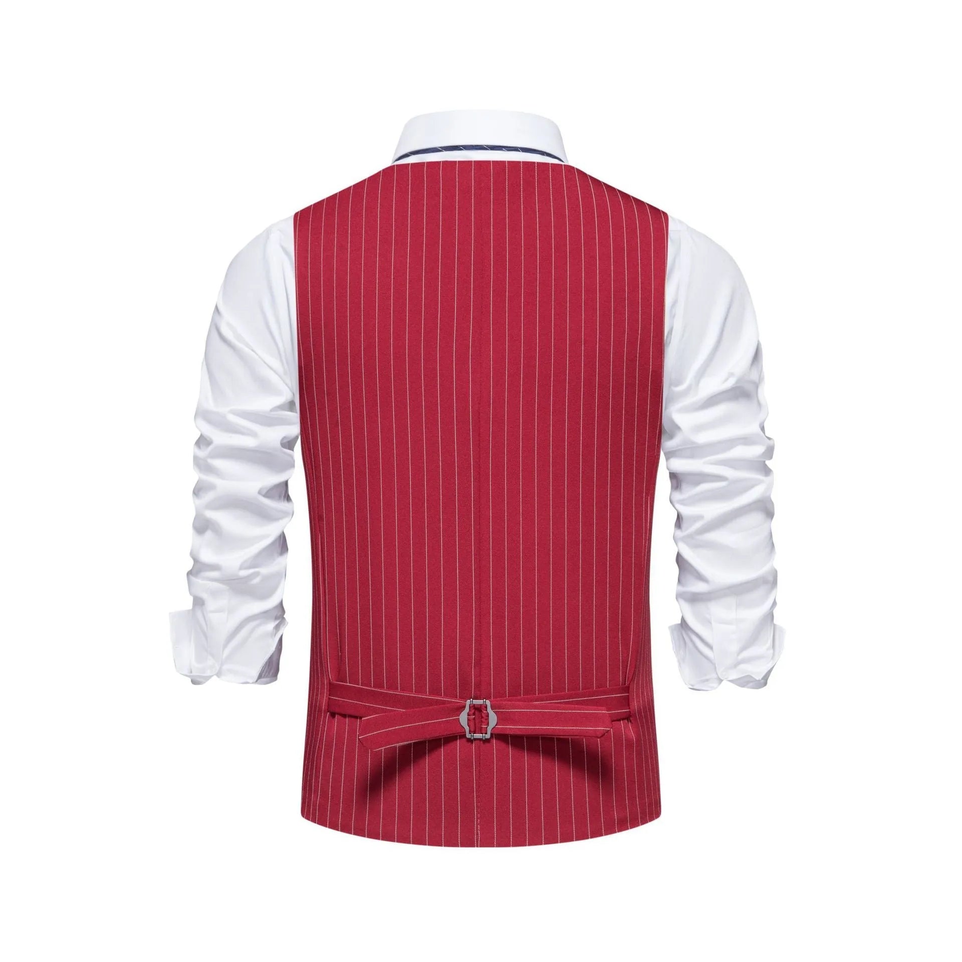 Men's striped suit vest in polyester with non-ironing finish, shown in red, black, and khaki colour options