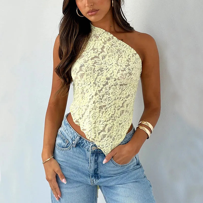 Women's lace backless polyester vest top with asymmetrical neckline in solid colour