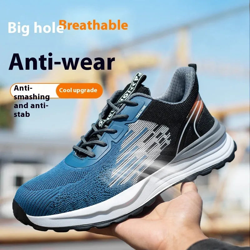 Blue men's safety work shoes with mesh upper, plastic toe cap, and lace-up closure.