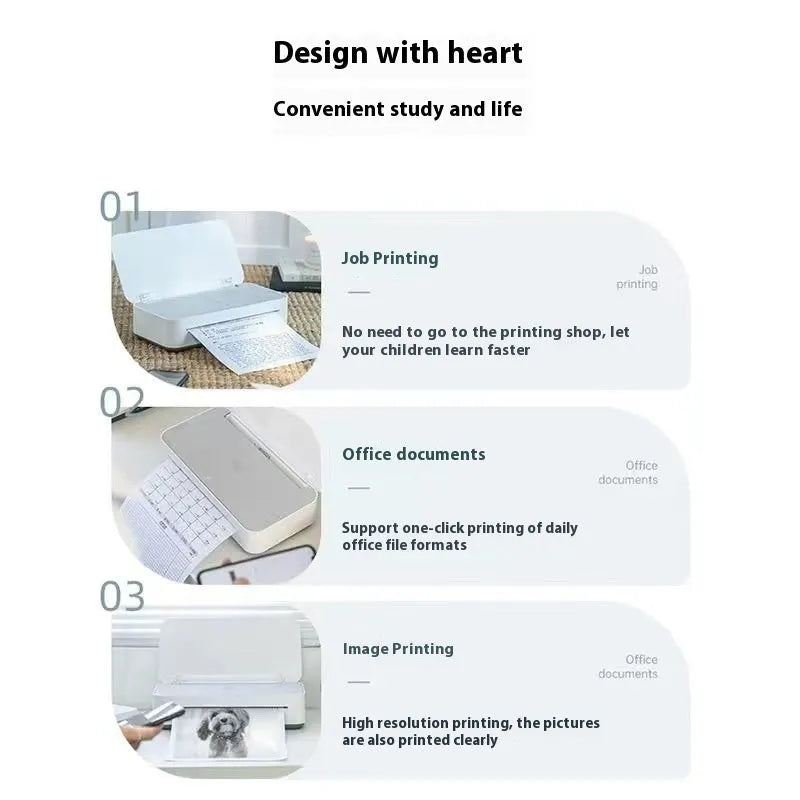 Small white plastic intelligent remote learning printer with thermal ribbon cartridge on a desk.