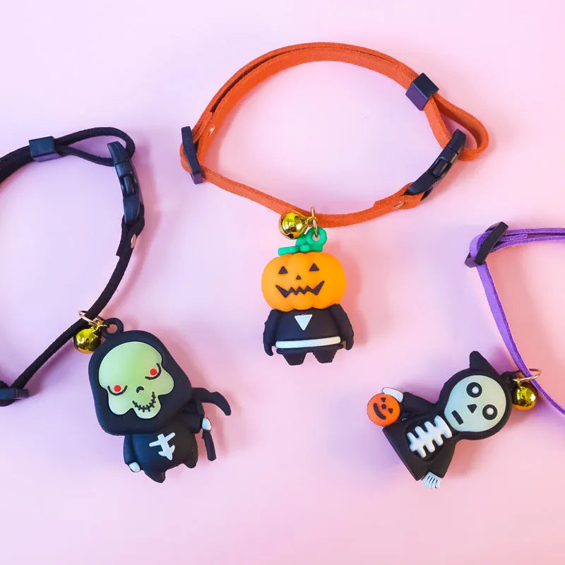 Halloween pet collar decoration with luminous patterns in polyester material showing size options from 16cm to 56cm
