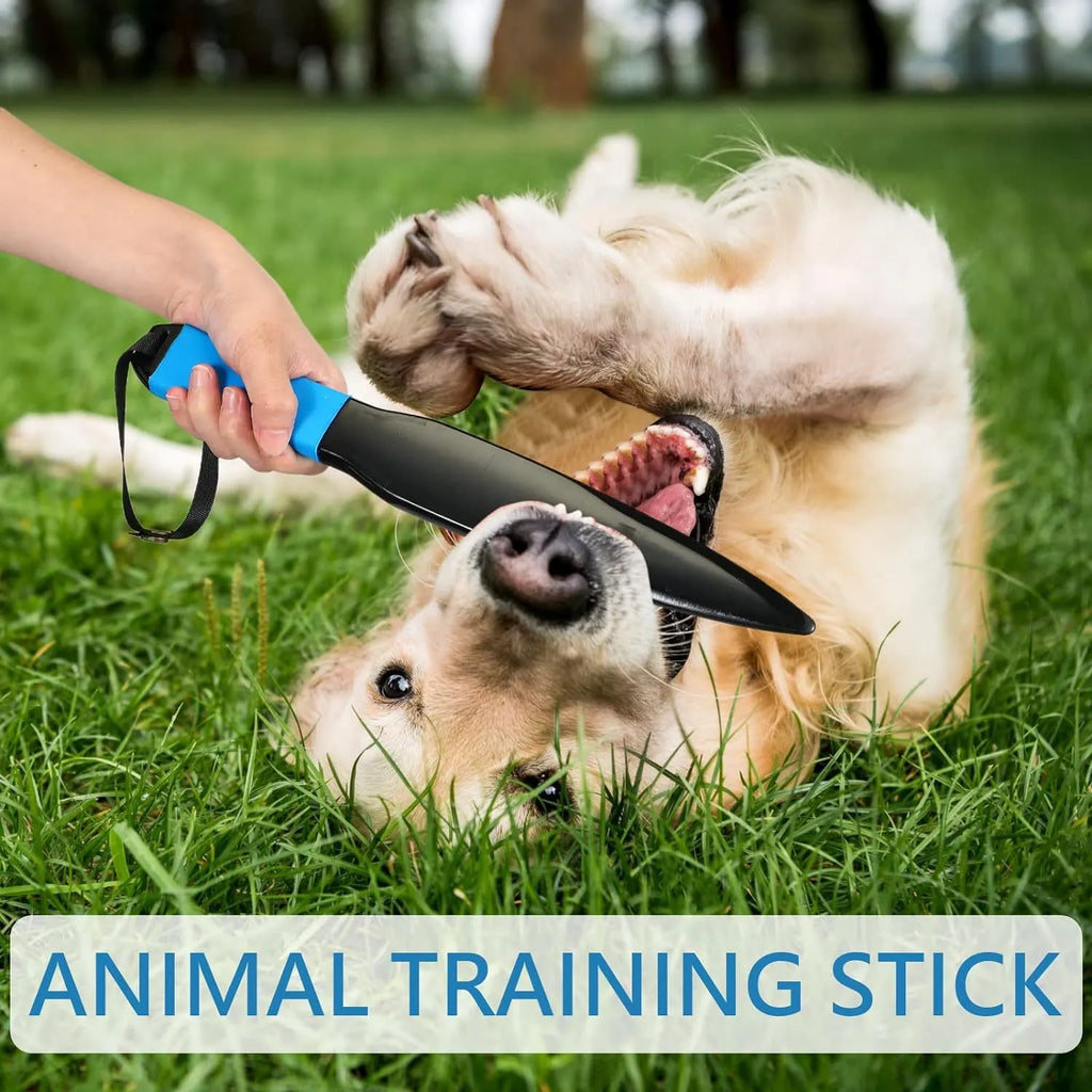 Blue handled nylon dog bite training stick on a white background, 35cm in length.