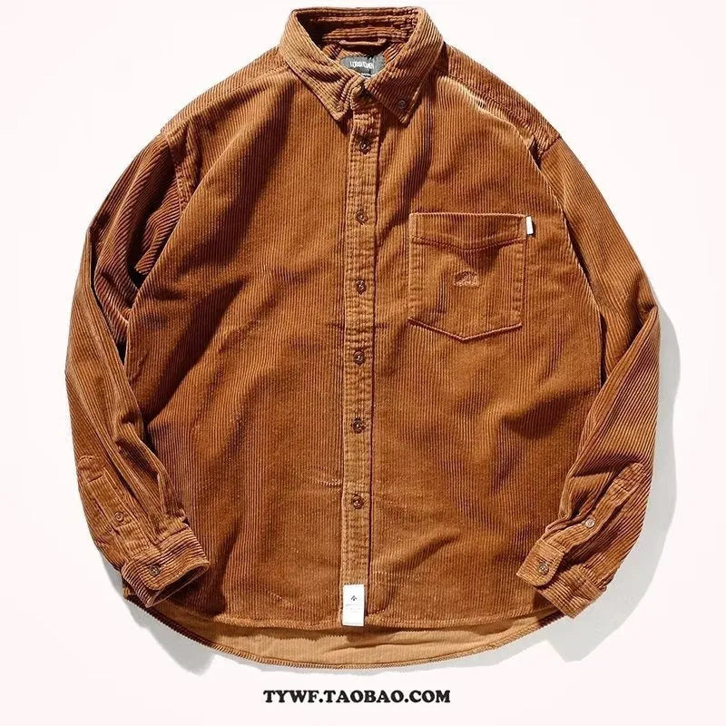 Loose fit caramel corduroy shirt with long sleeves and cardigan styling