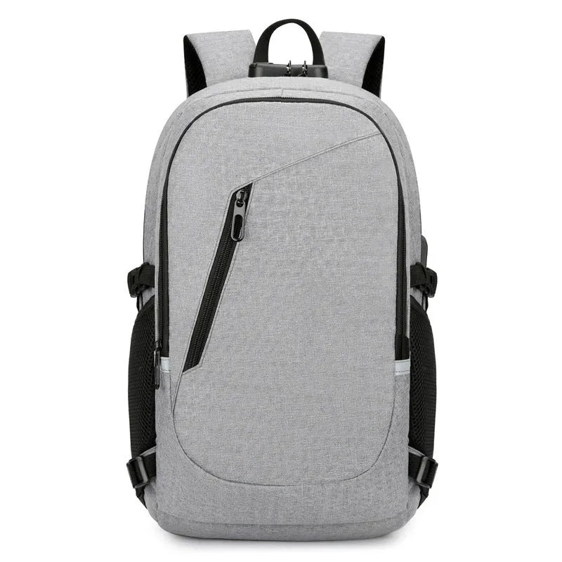 Oxford cloth computer backpack in blue, showing front view with dimensions 50cm high by 19cm wide.