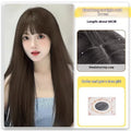 Forehead lace long straight synthetic wig with side bangs in dark brown colour