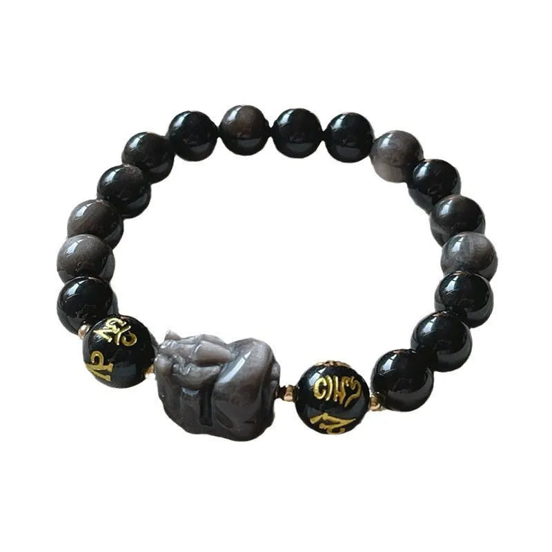 Men's natural silver stone zodiac bracelet with Chinese proverb beads