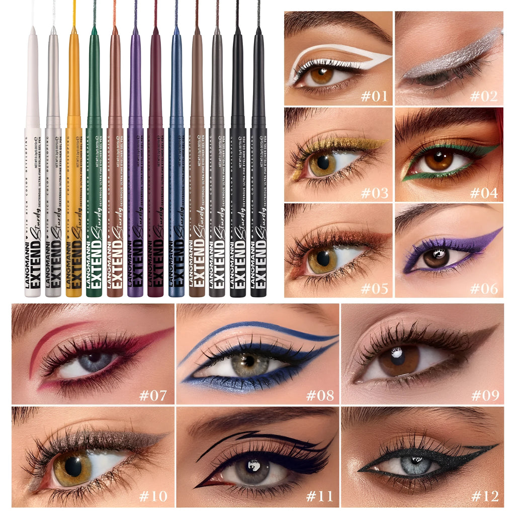 12 colourful gel glitter eyeliner pencils in vibrant shades with matte, glitter, metallic, and pearl effects