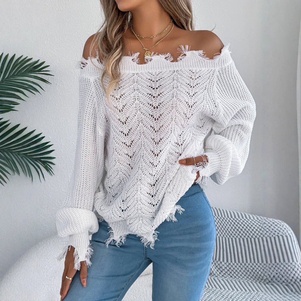 Women's hollow-out design off-the-shoulder pullover sweater in artificial wool fabric