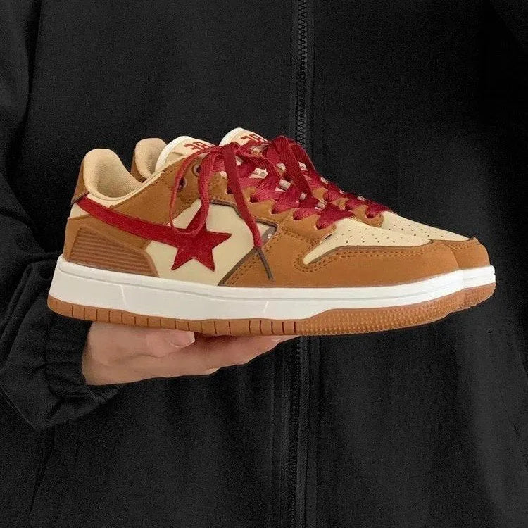 Brown women's casual sneakers with sequin accents and platform sole