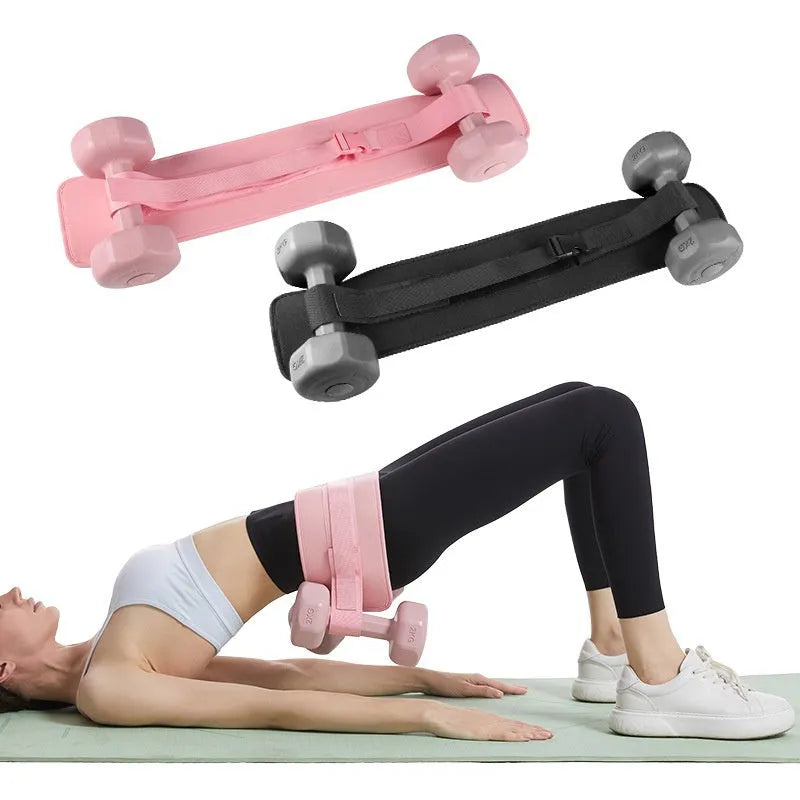 Black or pink fitness auxiliary strap for lumbar support during dumbbell barbell hip bridge exercises.