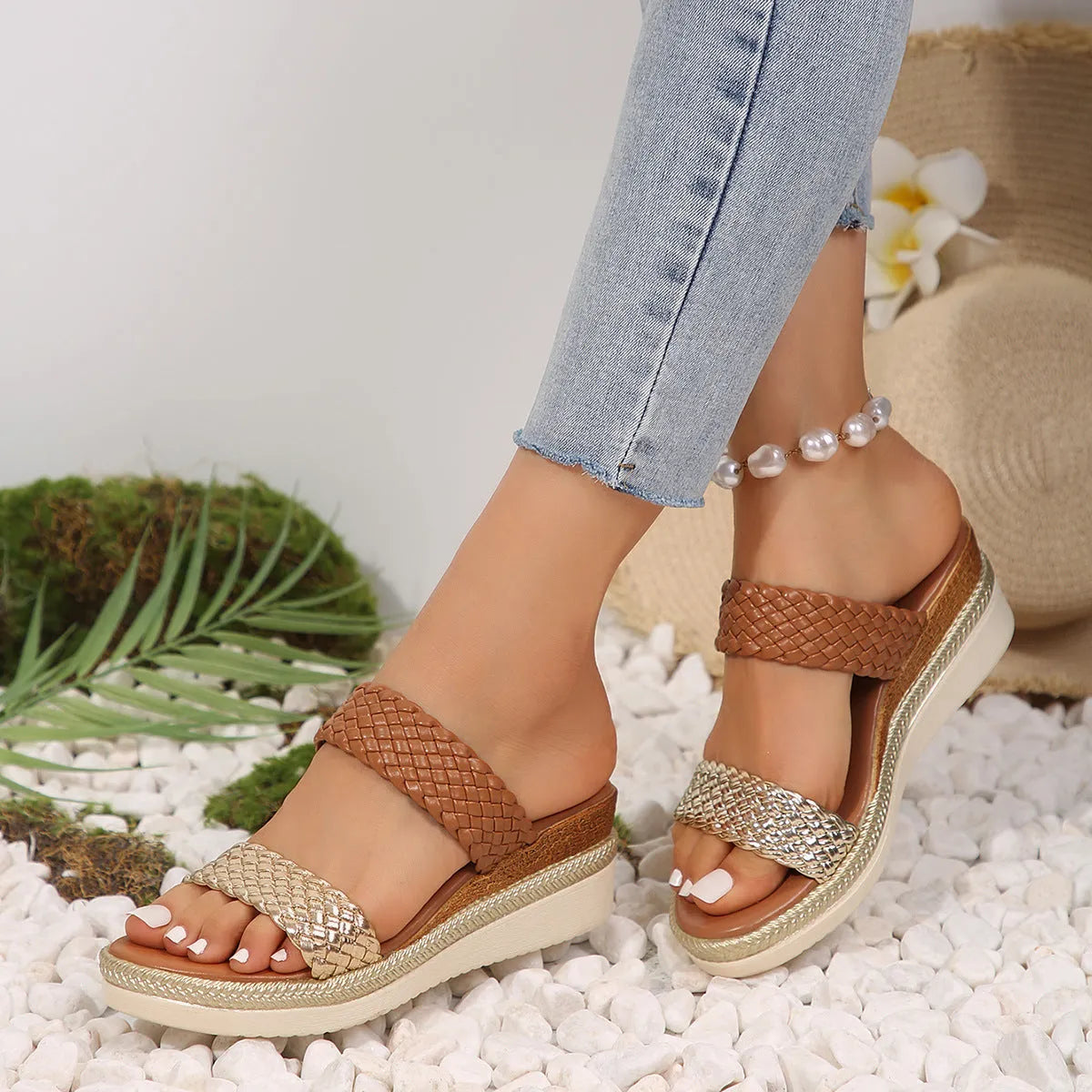 Gold or silver metallic wedge sandals for women with PU leather upper and rubber sole