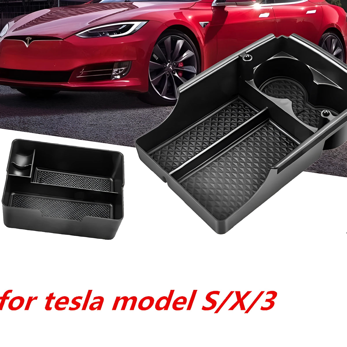 Tesla central armrest storage box retrofit accessory shown in vehicle console