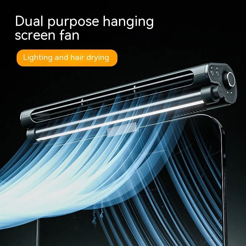 Black USB bladeless clip-on desk fan with LED lighting attached to computer screen