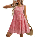 Women's light blue sleeveless plaid dress with loose swing skirt and high waist