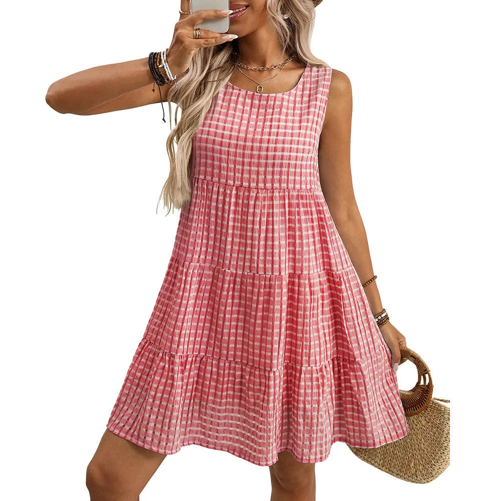 Women's light blue sleeveless plaid dress with loose swing skirt and high waist