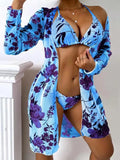 Women's floral print swimsuit three-piece set showing mesh blouse overlay with bra and swim shorts