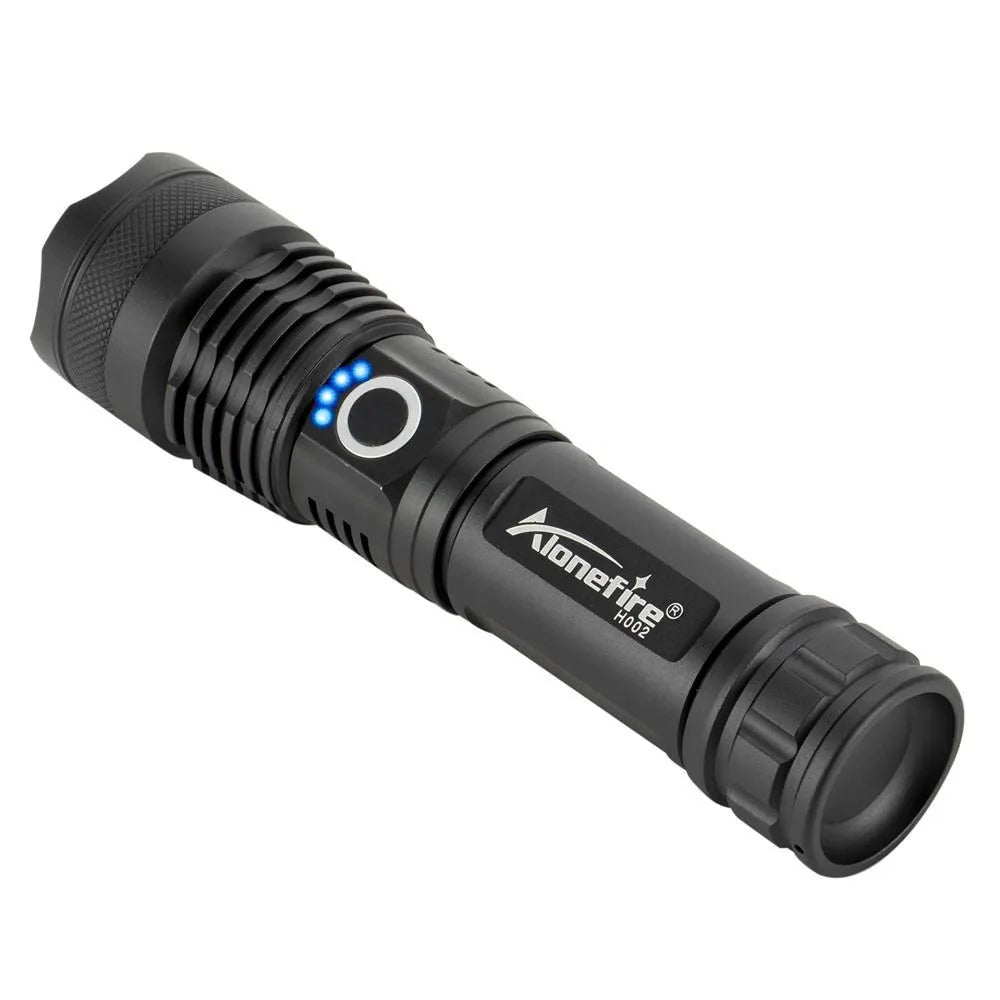Black aluminium alloy rechargeable LED zoom flashlight with display, 30W, 500m range, no battery or cable included