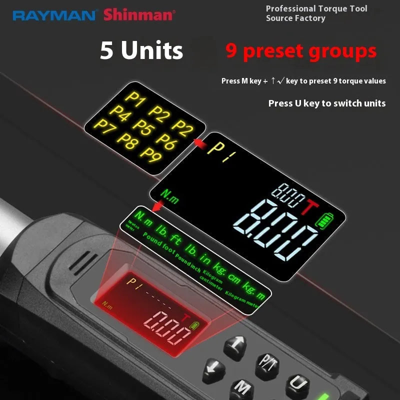 Electronic digital torque wrench body made of chrome-vanadium steel with display screen and 0.15-340N range capability