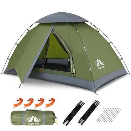 Dark green automatic pop-up camping tent for two people with dimensions 2.9m long by 2m wide