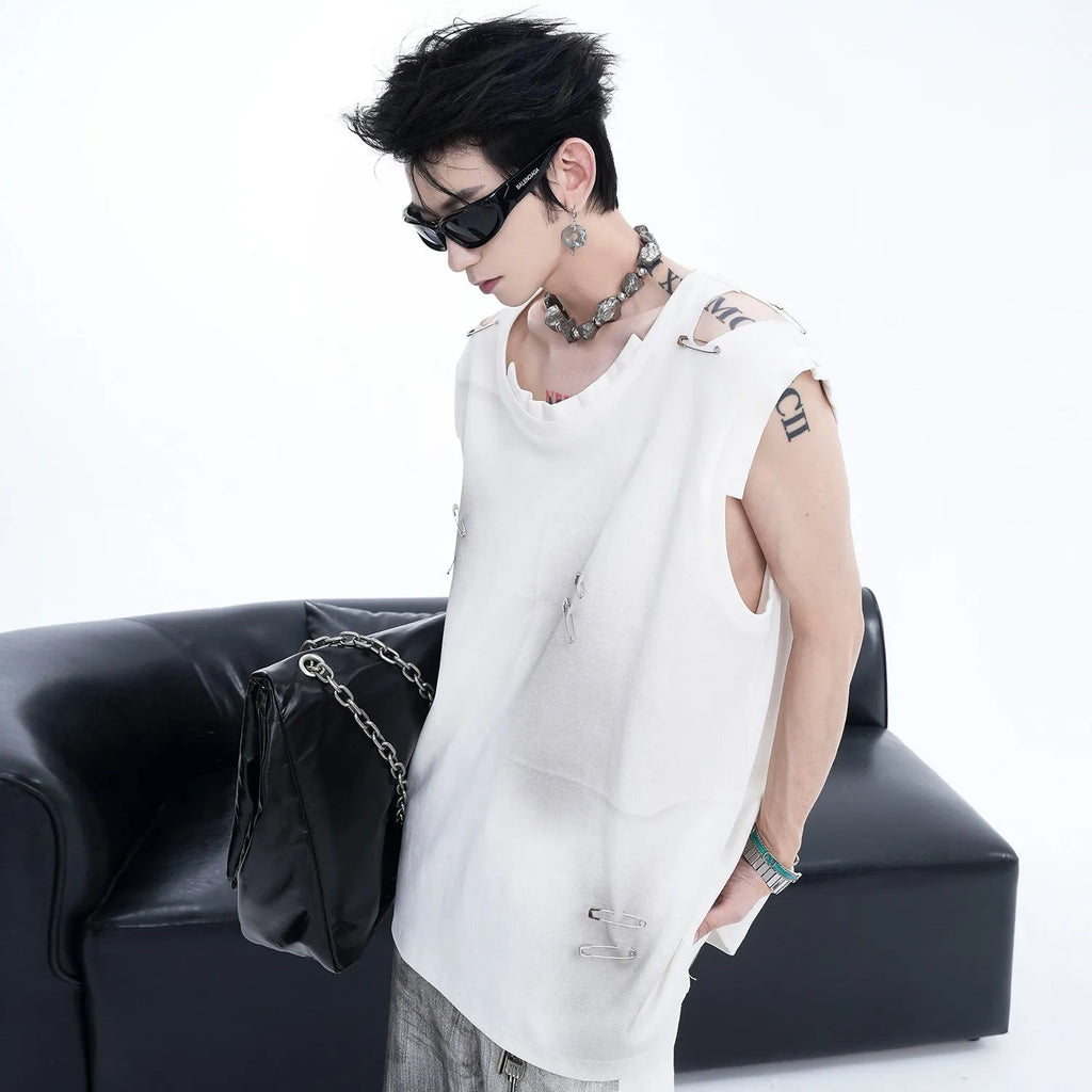 Men's black sleeveless vest waistcoat with irregular ripped cutting detail and round neck collar
