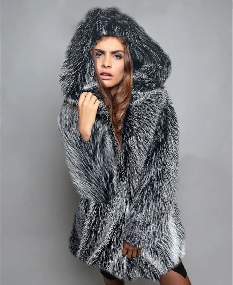 Women's silver grey artificial fur coat with medium length and loose fit