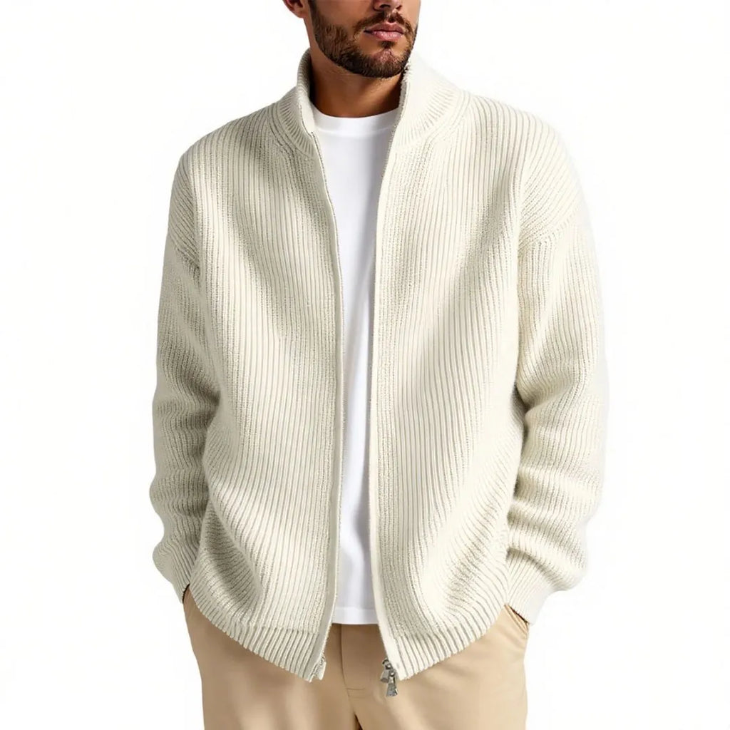 Men's loose fit cardigan sweater in acrylic blend fabric shown in beige colour