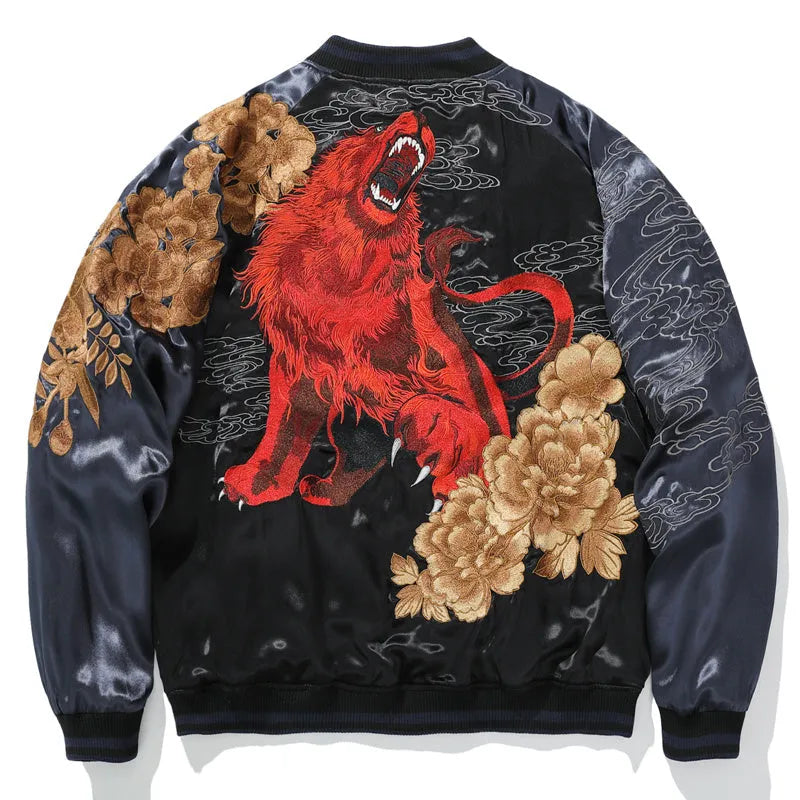 Heavy Industry lion king embroidery jacket for men in satin, champagne and faint blue, sizes M to 3XL