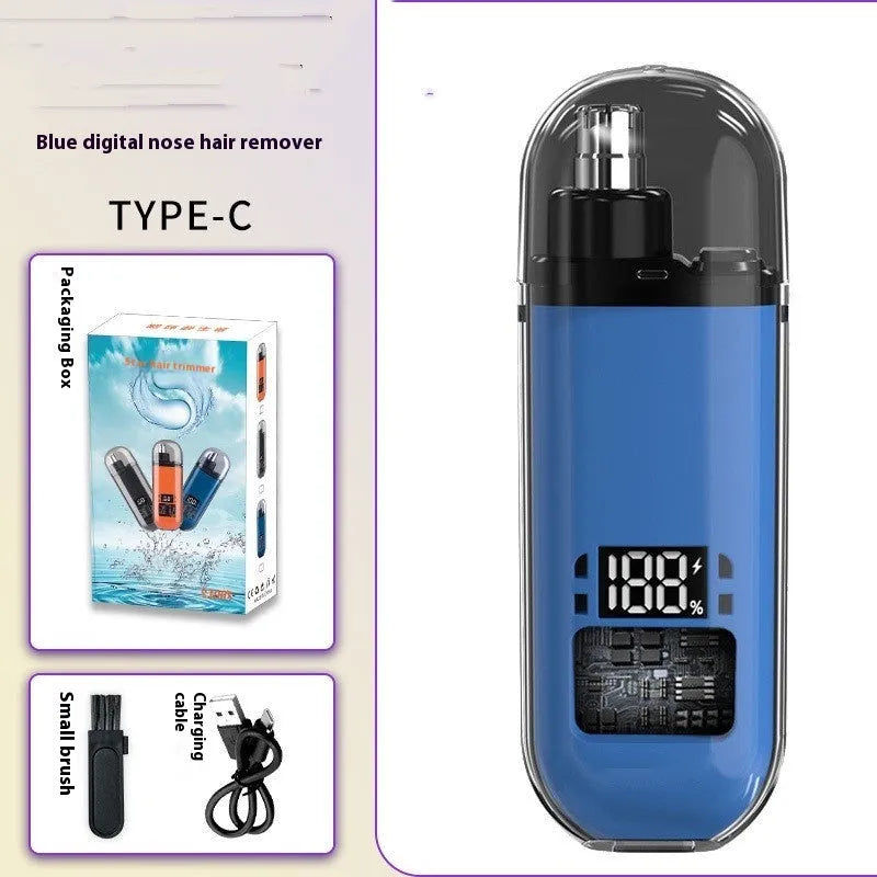 Rechargeable nose hair trimmer with digital display in black, blue or orange colours