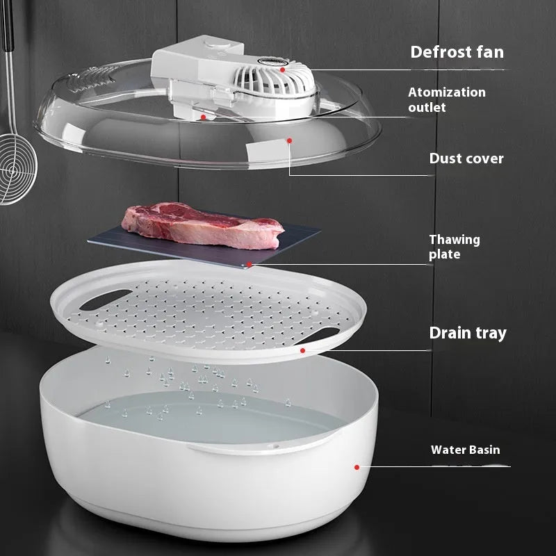 Household aluminium quick defrosting plate device on a kitchen countertop.