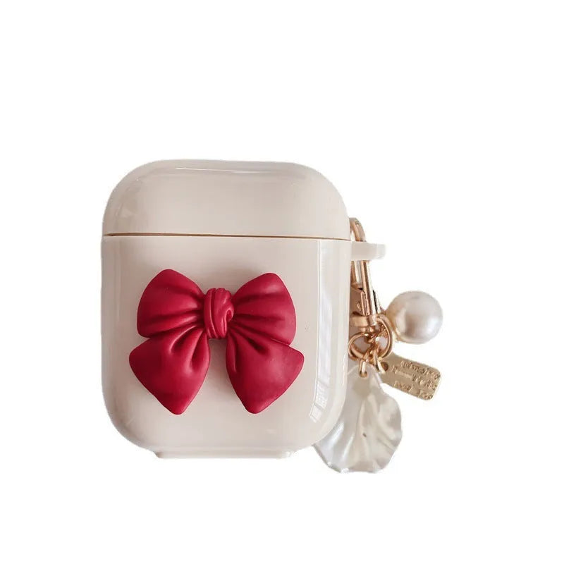 Beige red bow shell pendant TPU case for AirPods Pro and AirPods 1-3 wireless earphones