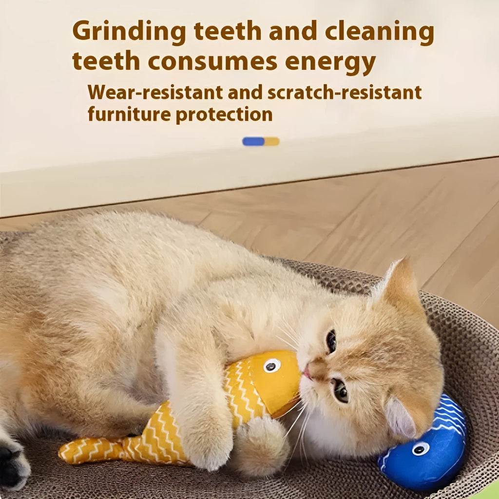 Yellow, red, and blue catnip-filled fish toys in small, medium, and large sizes for cats.