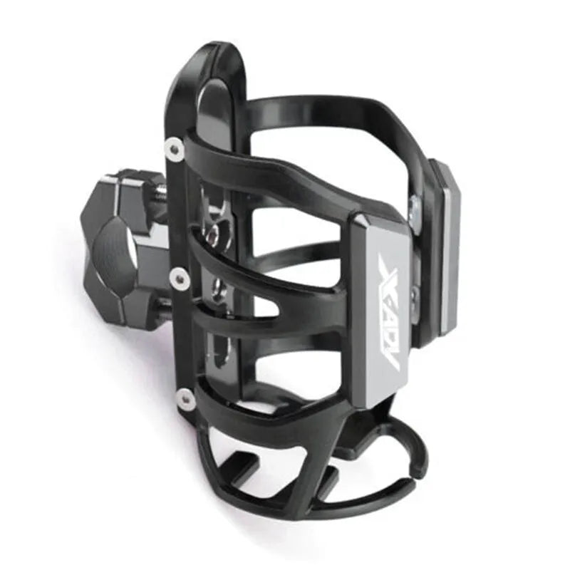 Black water bottle cage mounted on Honda X-ADV scooter bumper