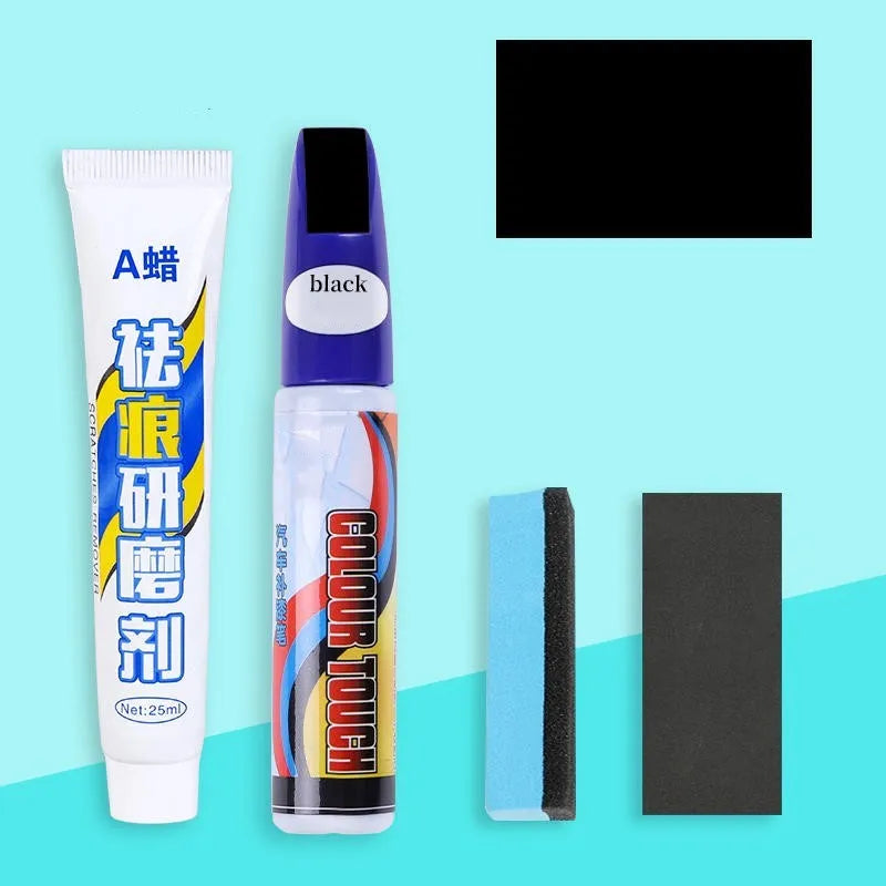 Automotive paint repair pen kit with touch-up paint, rubbing compound, sponge applicator, and sandpaper for car scratch repair