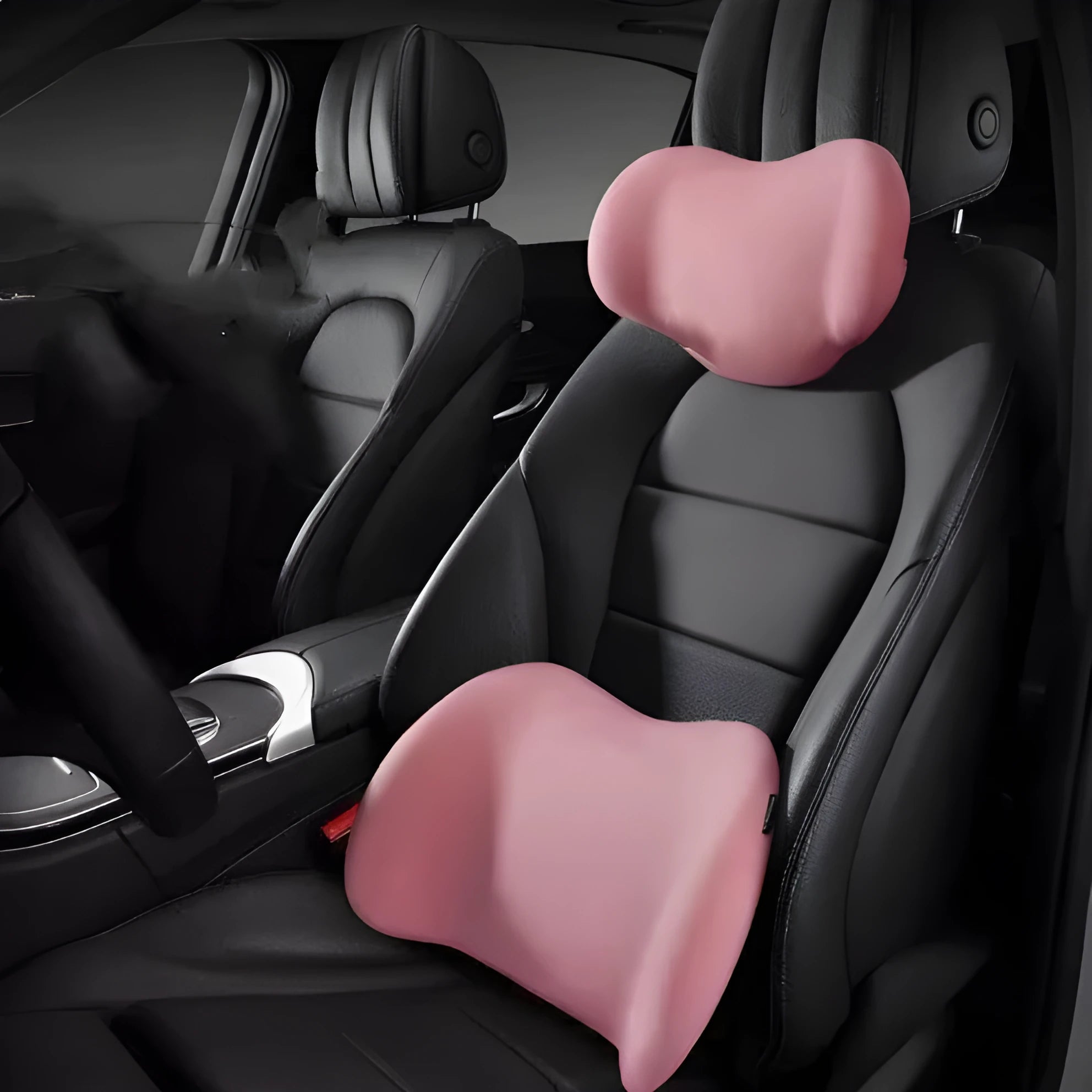 Memory cotton car cushion set showing separate headrest and back support pieces in a choice of colours.