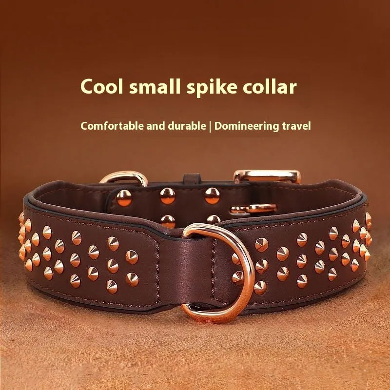 Leather dog collar with metal rivets in black, chocolate, and pink, shown in L and XL sizes.