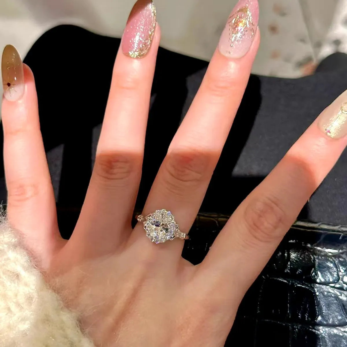 Silver geometric ellipse bridal bouquet ring with adjustable opening and diamond treatment detailing
