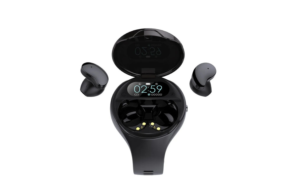 Black detachable smart bracelet and Bluetooth headset combo for fitness tracking and wireless calls.