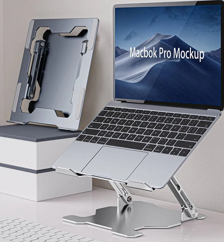 Grey aluminium alloy laptop stand with adjustable angle, shown folded and open.