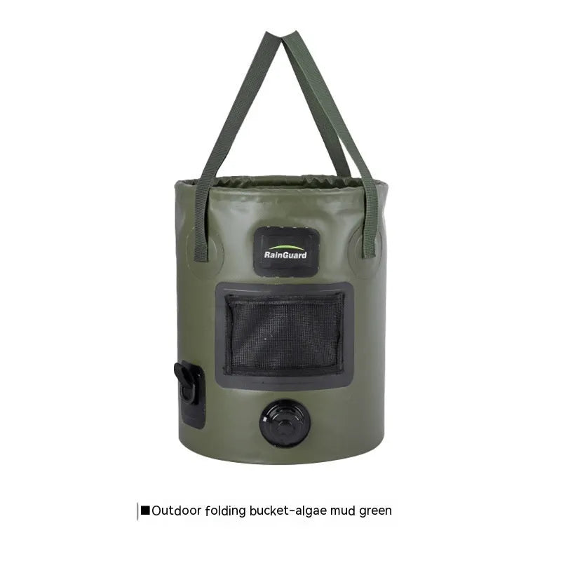 Lemon yellow 25-litre plastic folding fishing bucket showing its collapsible design and optional mesh pocket.