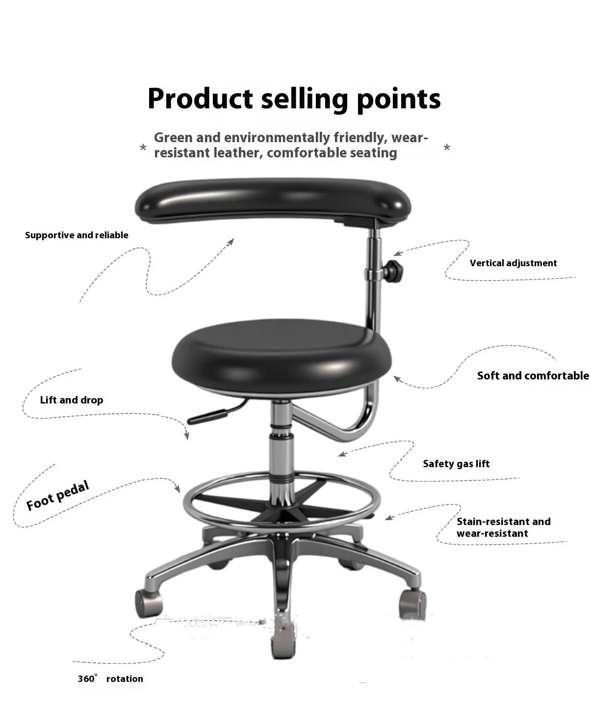 Black leather dental chair for hospital and clinical use