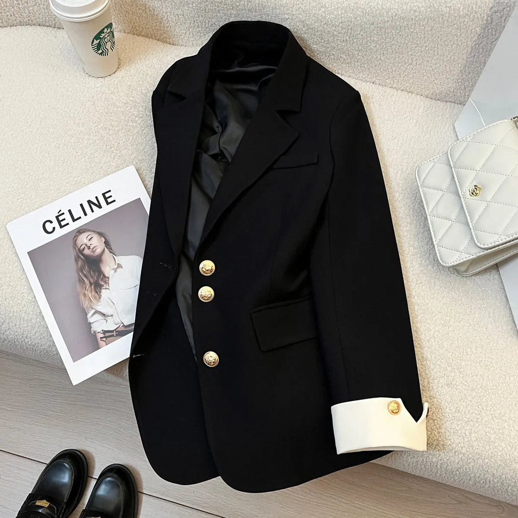 Korean style women's loose fit coat in beige or black with pocket details