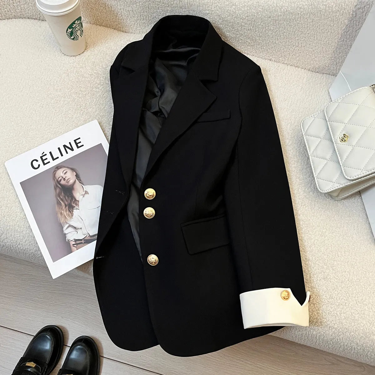 Korean style women's loose fit coat in beige or black with pocket details